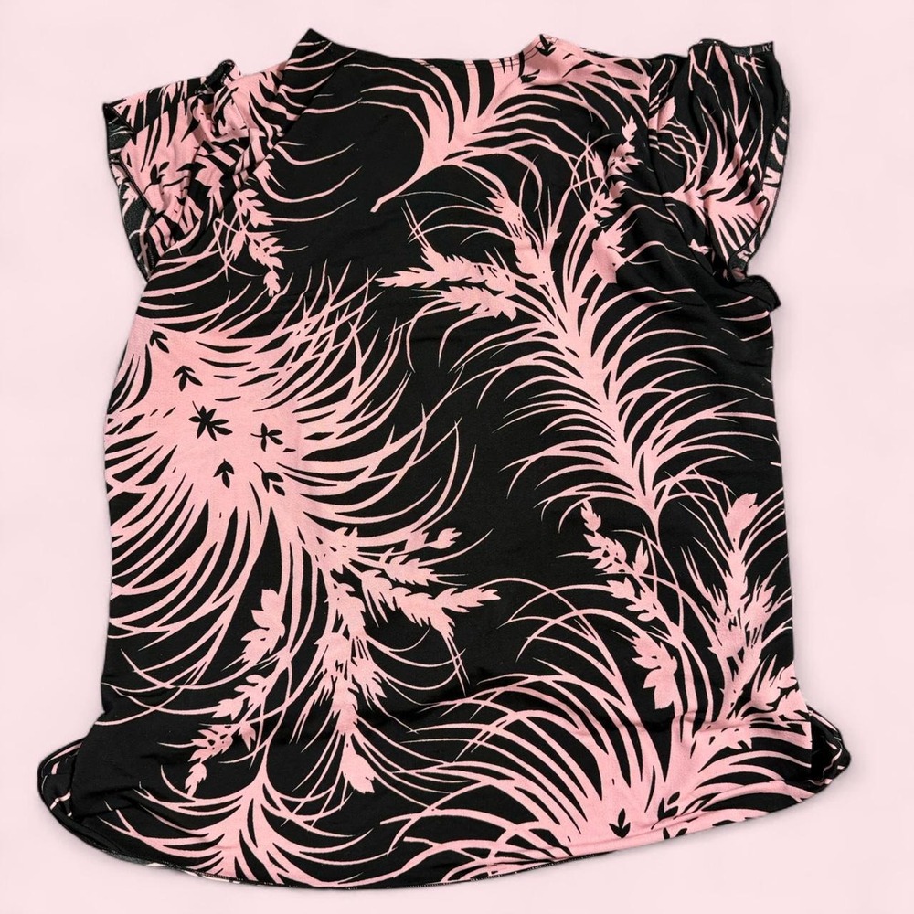 Vintage Y2K Pink Black Tropical Palm Print Ruffle Cap Sleeve O-Ring Blouse XL - Picture 3 of 5